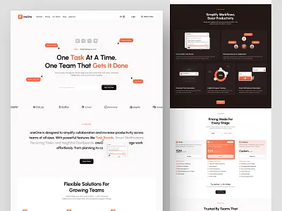 oneOne - Task Management Landing Page clean clean ui collaboration platform design landing page minimal web design modern saas ui project management saas saas dashboard task management task tracker team collaboration teamwork tools ui ux web design