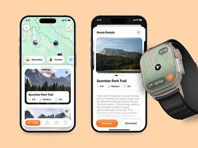 Hiking App app hiking map minimal mobile navigation product ui design watch
