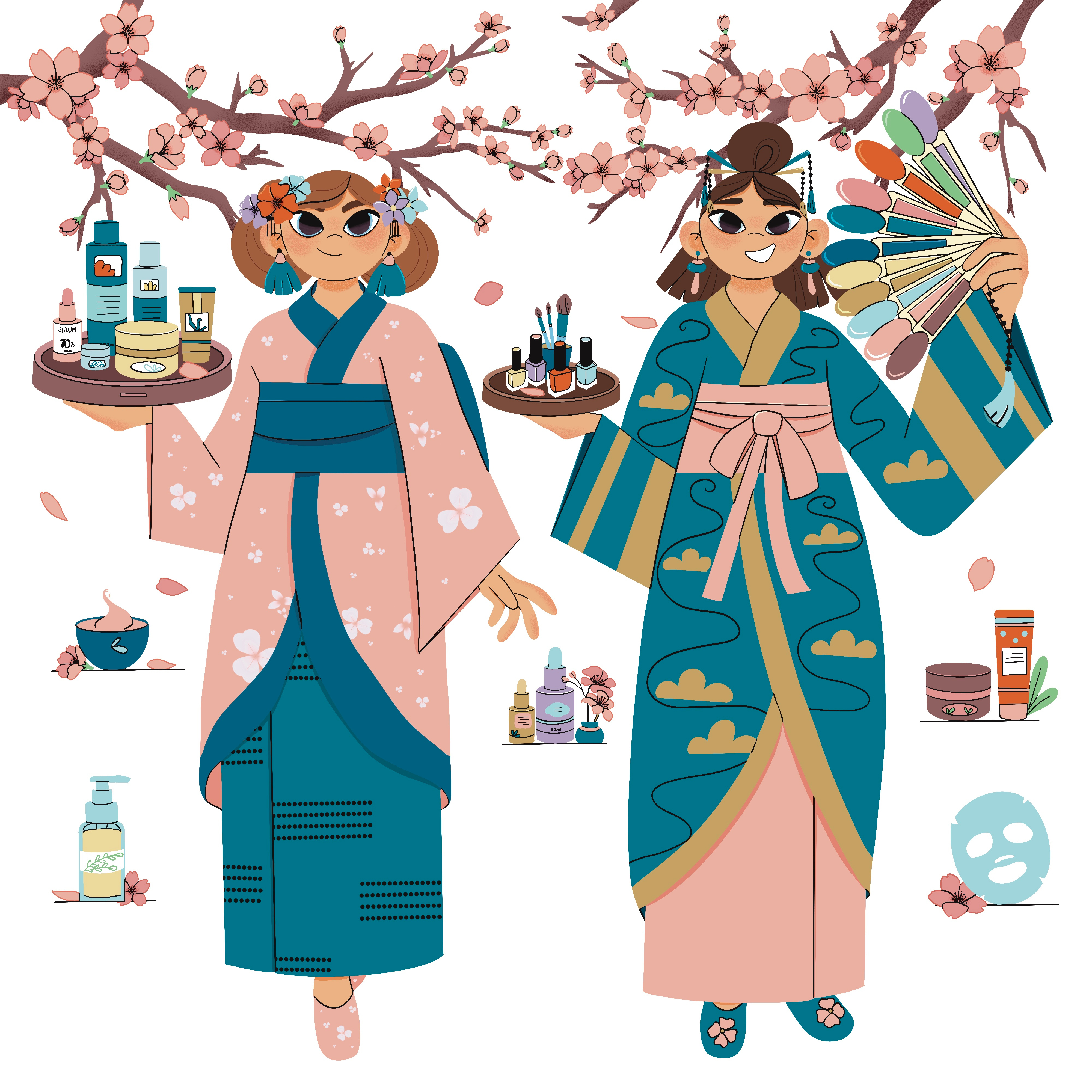 Illustration for a Beauty center with Japanese elements beauty beauty center character design concept art cosmetics digital art digital illustration drawing girls illustration graphic design illustration japan web design