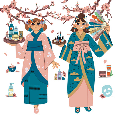 Illustration for a Beauty center with Japanese elements beauty beauty center character design concept art cosmetics digital art digital illustration drawing girls illustration graphic design illustration japan web design