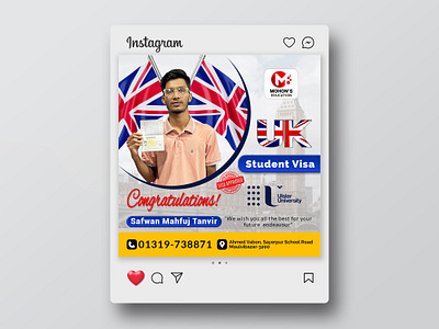 Congratulations UK Student Visa Approved Social Media Poster ad poster branding design graphic design overseas study visa poster design social media poster student visa from bangladesh study abroad uk study in uk uk higher education uk student visa agency uk student visa consultant uk visa approved uk visa success story ulster university uk visa consultancy poster visa success poster