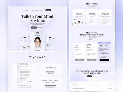 Calmnia Landing Page - Website for a Mental Health App calm design clean design concept design landing page mental health minimal ui ui uiux ux webdesign website