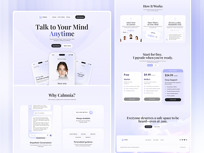 Calmnia Landing Page - Website for a Mental Health App calm design clean design concept design landing page mental health minimal ui ui uiux ux webdesign website
