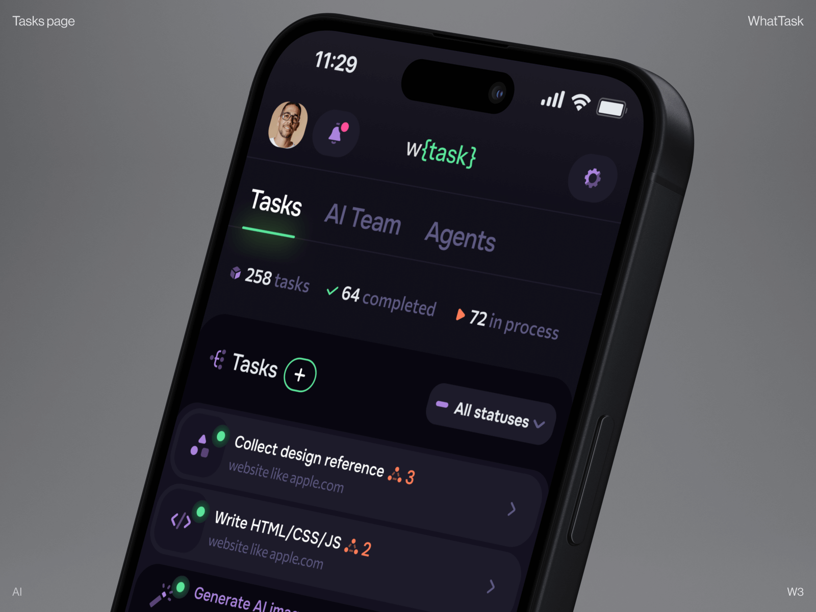 WhatTask: AI Tasks Screen Management ai app design ai assiastant ai dashboard ai fintech ai platform ai startup ai technology artificial intelligence automation crypto app dashboard ui etherium finance mobile app mobile design platform product design saas dashboard token web3 design