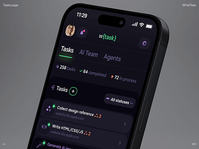 WhatTask: AI Tasks Screen Management ai app design ai assiastant ai dashboard ai fintech ai platform ai startup ai technology artificial intelligence automation crypto app dashboard ui etherium finance mobile app mobile design platform product design saas dashboard token web3 design