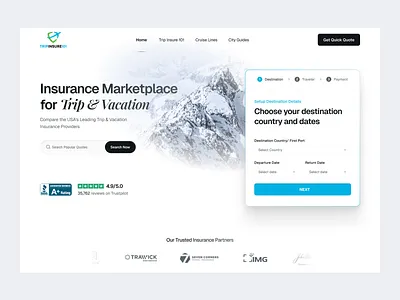 Trip & Vacation Insurance Marketplace –Website Redesign calculator figma figma design fintech form header hero section insurance landing landing page landingpage review saas landing travel insurance trustpilot ui web design website website design website redesign