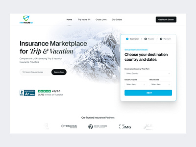 Trip & Vacation Insurance Marketplace –Website Redesign calculator figma figma design fintech form header hero section insurance landing landing page landingpage review saas landing travel insurance trustpilot ui web design website website design website redesign