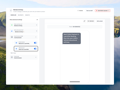 Marketing automation - Workflow & content editor automation campaign workflow create channels clean design dashboard design design workflow email campaign email worfklow marketing marketing automation product design saas saas automation design saas automation software sms campaign ui ux workflow zapier