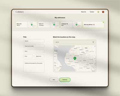 Coinnex UI – 03/03 Location Picker & Address Manager addressform addressmanager cleanui deliveryui figma formdesign geolocationui inputfields locationpicker mapui softui ui uidesign ux uxdesign webdesign