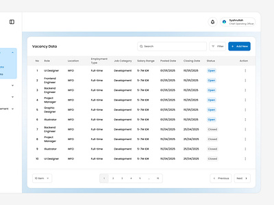 Vacancy Data Table - CRM Admin Dashboard adminpanel datatable hrdashboard minimalinterface productdesign recruitmenttool uidesign uxdesign vacancymanagement webappui yeedevstudio