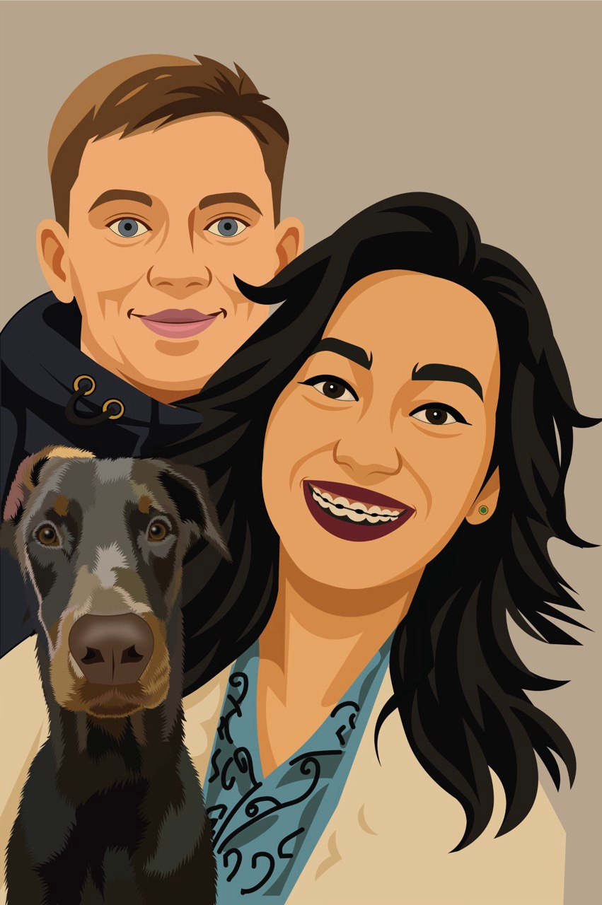 family cartoon style character design colorful illustration couple portrait creative vector custom portrait digital art dog art dog portrait family illustration flat design flat illustration modern illustration pet illustration portrait smiling people stylized portrait vector illustration
