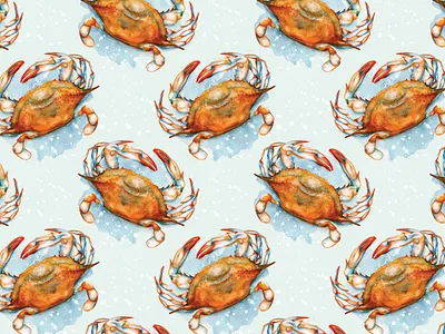 Soft shell crabs - Hand-painted watercolour pattern blue sea coastal pattern crabs pattern ocean life sea life seaside watercolour pattern