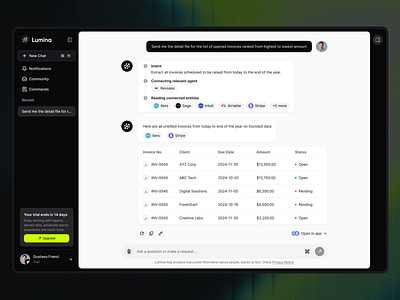 Chat - Saasflows.io accounting ai bot chat communication dark dashboard erp finance saas table ui ux