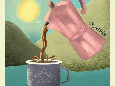 Rise and Shine bialetti coffee packaging design digital drawing challenge female illustrator hand drawn hand lettering illustration morning coffee mountain view packaging design procreate rise and shine
