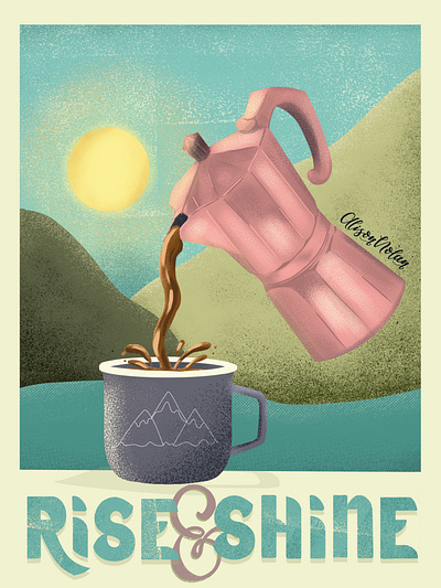 Rise and Shine bialetti coffee packaging design digital drawing challenge female illustrator hand drawn hand lettering illustration morning coffee mountain view packaging design procreate rise and shine