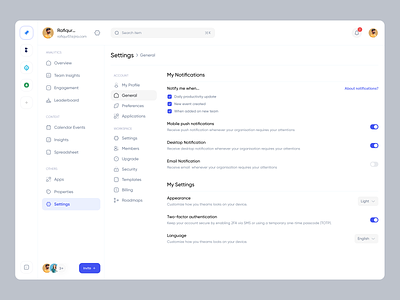 TimeTracker - Settings Page admin billing from menu minimal nav notifications preferences product design saas saas design security settings settings page tab team team management toggle user interface view