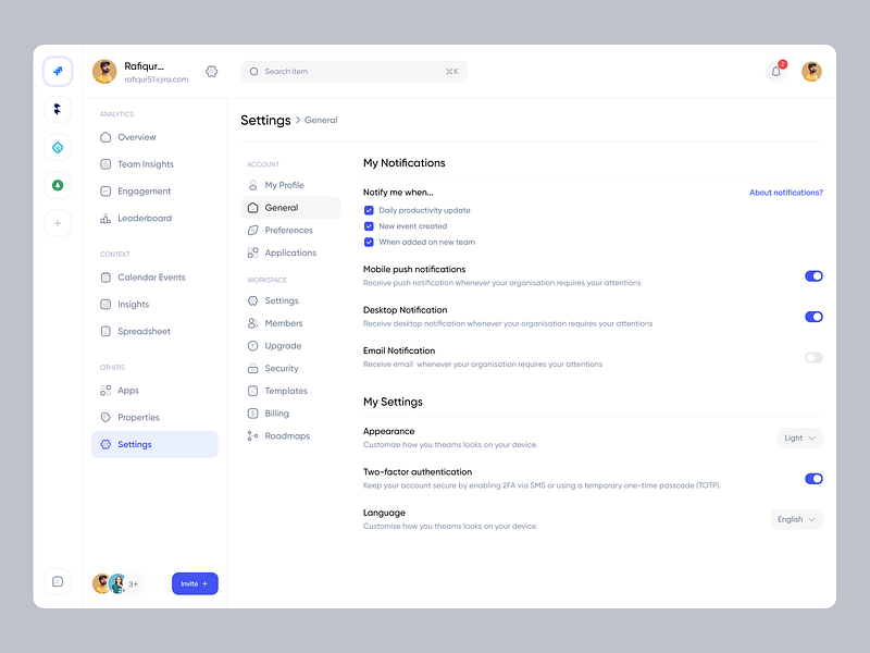 TimeTracker - Settings Page admin billing from menu minimal nav notifications preferences product design saas saas design security settings settings page tab team team management toggle user interface view