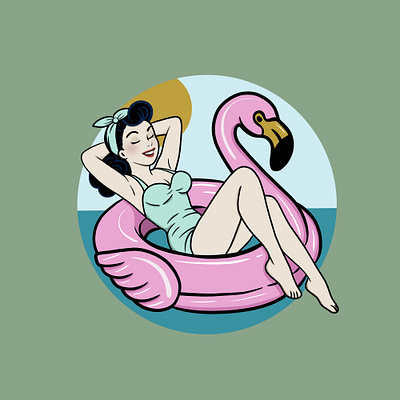 Flamingo Summer beach cute decoration flamingo flamingo float flat design graphic design holidays illustration ocean pin up poster retro round design sea summer vacation vintage whimsical