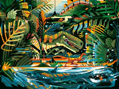 Prehistoric Energy adobe animals brush brushwork digitalpainting dinosaur flowers foliage forest greenery illustration leaves muti nature packagedesign photoshop tropical water