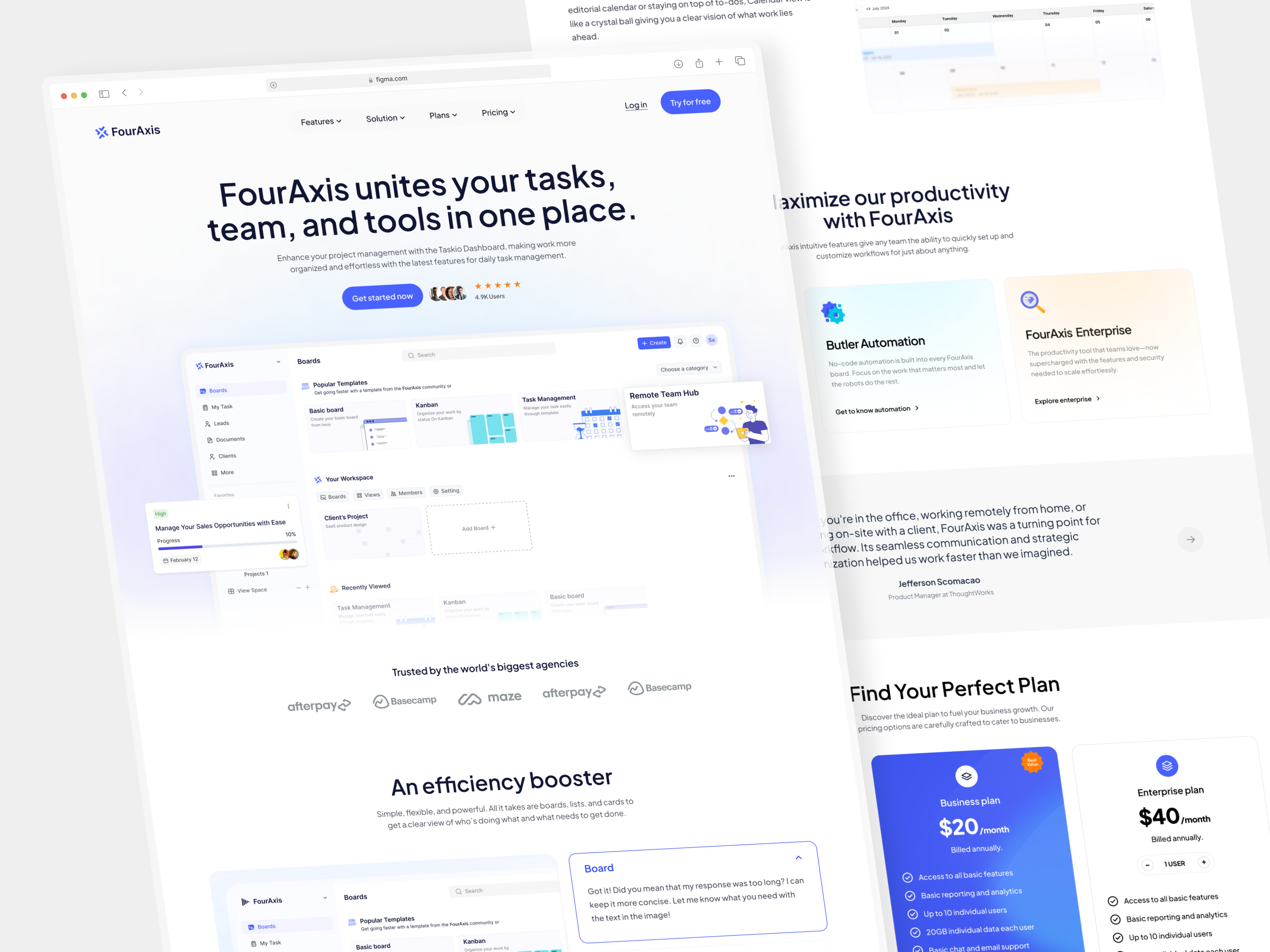 Project Management SaaS Landing Page UX/UI Design | FourAxis dashboard design data visualization design figma illustration landing page product design project management saas saas design saas product ui design user centric user experience user interface uxui website design