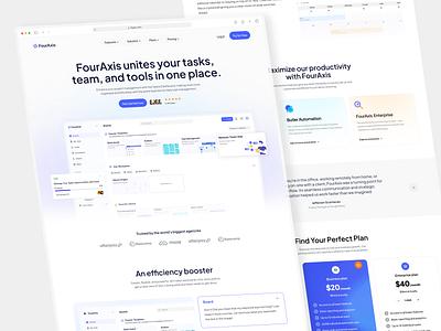 Project Management SaaS Landing Page UX/UI Design | FourAxis dashboard design data visualization design figma illustration landing page product design project management saas saas design saas product ui design user centric user experience user interface uxui website design