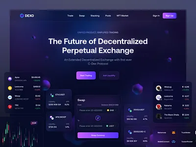 Exchange Landing Page - DEXO blockchain crypto crypto wallet cryptocurrency cryptomarket dark design exchange finance fintech landing page glassmorphism gradient homepage landing page token ui ux web 3.0 website website design