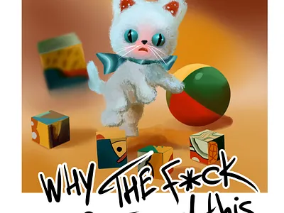 white kitten artist cartoon style charaster desing colors design charaster illustration print