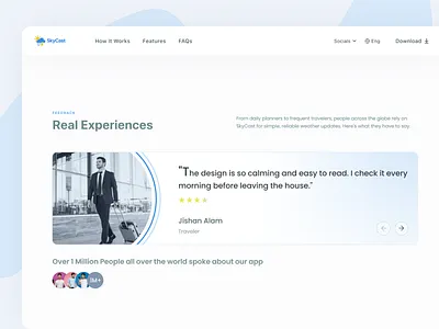 Testimonials Slider — Community Stories clean design client testimonials customer stories landing page ui minimal ui product design responsive ui review section social proof testimonial slider testimonials ui design user feedback weather app ui web design