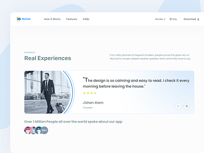 Testimonials Slider — Community Stories clean design client testimonials customer stories landing page ui minimal ui product design responsive ui review section social proof testimonial slider testimonials ui design user feedback weather app ui web design