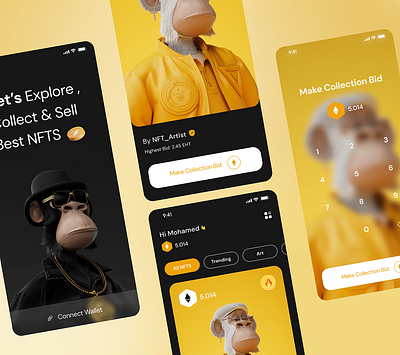 NFT App UI/UX Design animation app app design bitcoin blockchain crypto cryptocurrency marketplace mobile app mobile app design mobile design mobile ui nft