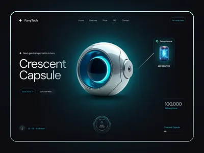 Crescent Capsule - Next-Gen Transport Product Page 3dinterface ai ux app assets carbonneutral cleanenergy concept dark ui energy future transport futuristicui landing page productdesign quantum ridesharing sci fi interface tech transportdesign uber uidesign uxdesign