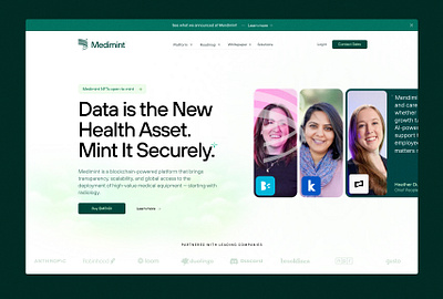 Medimint Hero page - Medicine meets Blockchain tech graphics design green healthtech landing page ui design web website