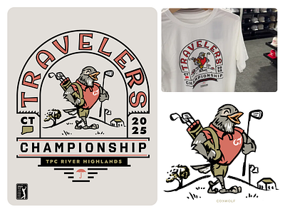 Travelers Championship 2025 - Illustrated Merchandise bird branding cartoon connecticut golf golfclub insurance lettering mascot nature new england park retro robin signage travelers typography vintage