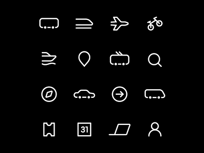 Icons for a transportation app bicycle boat branding bus car compass graphic design icon icons laptop location plane train transport transportation zoom