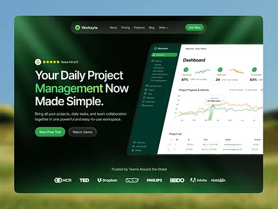 Project Management Website UI Design 💼🔥 aesthetic bold clean dark dark web ui dashboard glassmorphism gradient green header hero section minimal modern design project management showcase trend 2025 trendy ui ui web website
