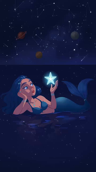 Mermaid in the night with a star. A children's book illustration animation character design childrens book illustration concept art fairy tale illustration mermaid