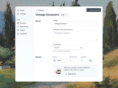 Product creation screen dashboard description draft editor name options picker pricing product creator quantity ui variants weight