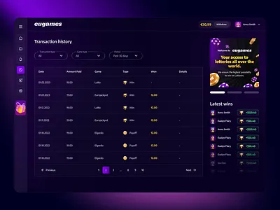 Dark Mode Transaction Dashboard for Multi-Game Lottery Platforms clean design dark mode dashboard games gamification gaming live feed lottery lotto transaction history ui ux winners
