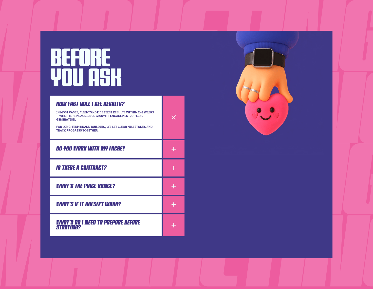 FAQ page — Marketing agency 3d agency animation branding brutalism creativity faq illustration interaction mareting midjorney minimalism motion graphics question ui ui interaction uiux web webdesign website