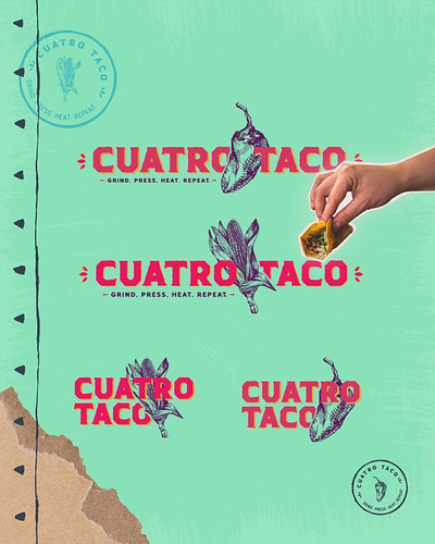CUATRO TACO - mexican restaurant branding hotel branding restaurant corn logo hospitality hotel logo mexican logo system mexican branding mexican logo mexican restaurant mexican style restaurant taco logo tacos