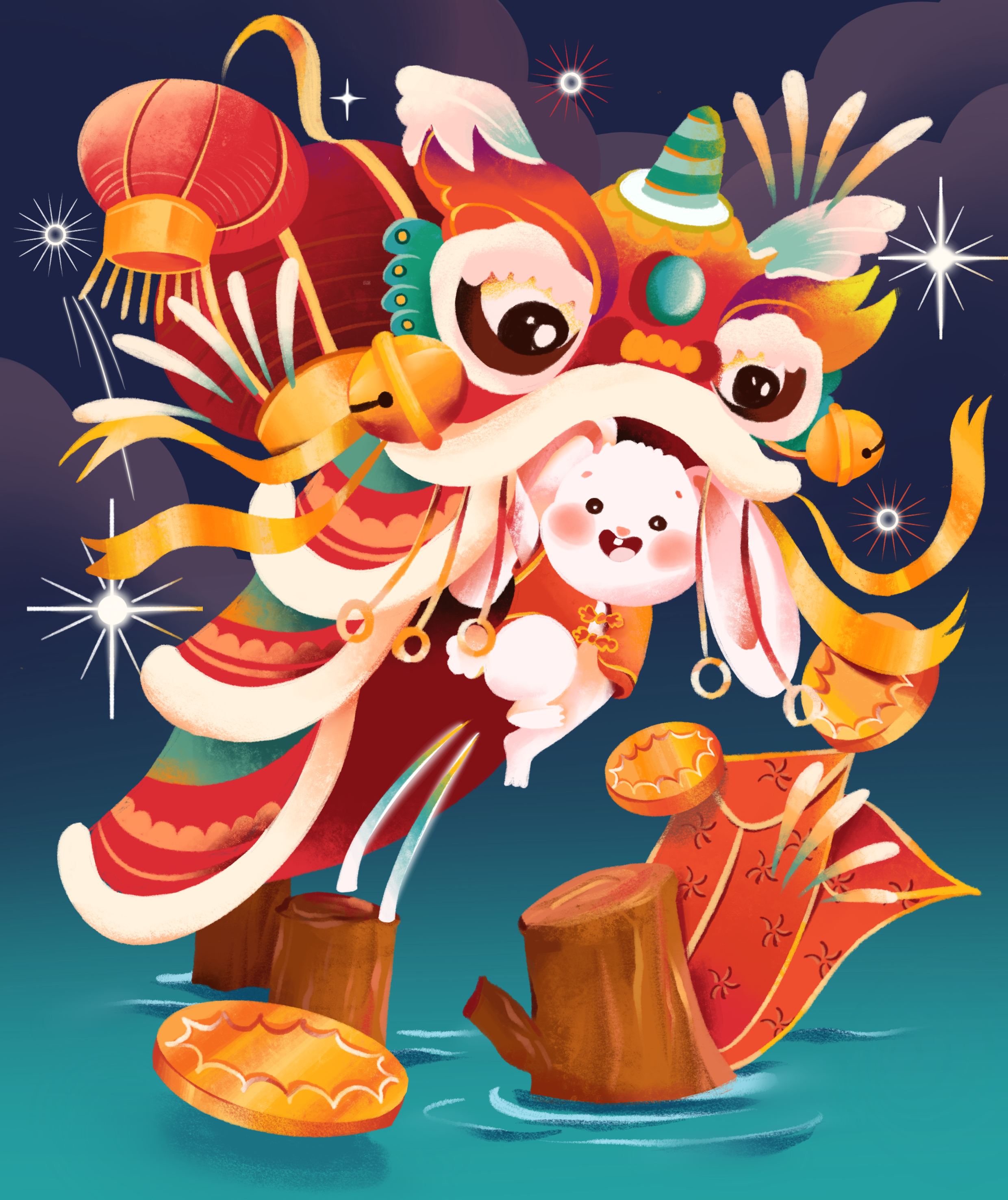 Happy Chinese New Year Illustration brush character illustration chinese new year illustration design digital illustration full color graphic design illustration lunar new year illustration procreate rabbit illustration water rabbit illustration