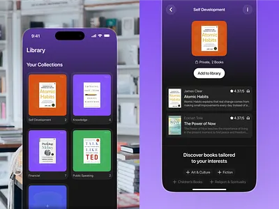 Foliana – Book Club Social App [Library Page] add collection book book store category collection dark mode details e book e library ebook reader favorites library mobile mobile app mobile concept onlibe book product design reading social app ui