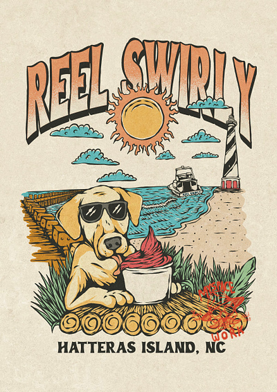 REEL SWIRLY PROJECT apparel badge beach branding character design clothing digital art dog graphic design illustrate illustration lighthouse logo mascot merchandise paradise product design tees vintage