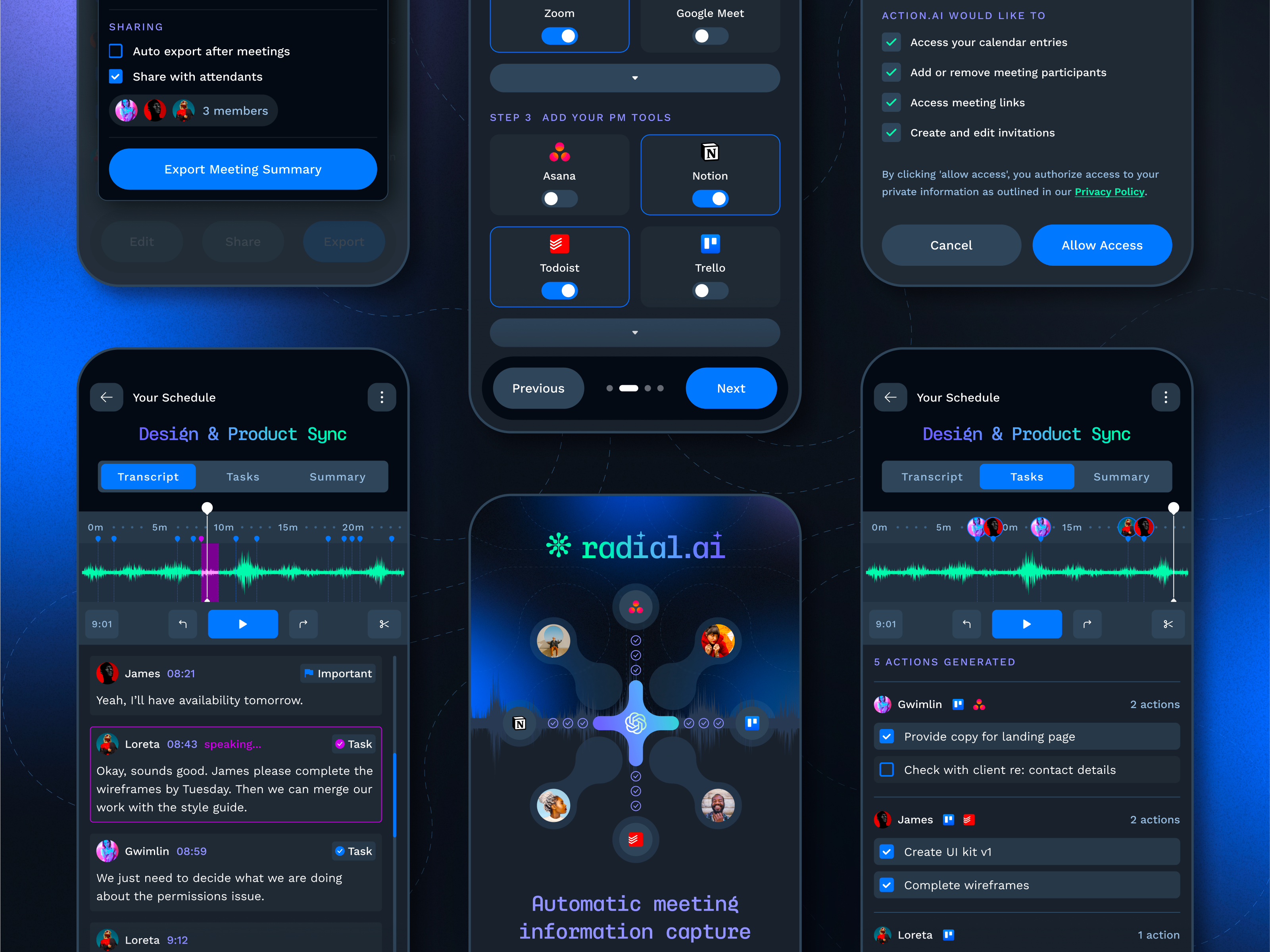 Radial.ai app concept; automatic meeting summaries ai app app concept artificial intelligence assignment audio calendar chat chatgpt conference conversation management mobile app project management soundclip sync tasks timeline todo transcript