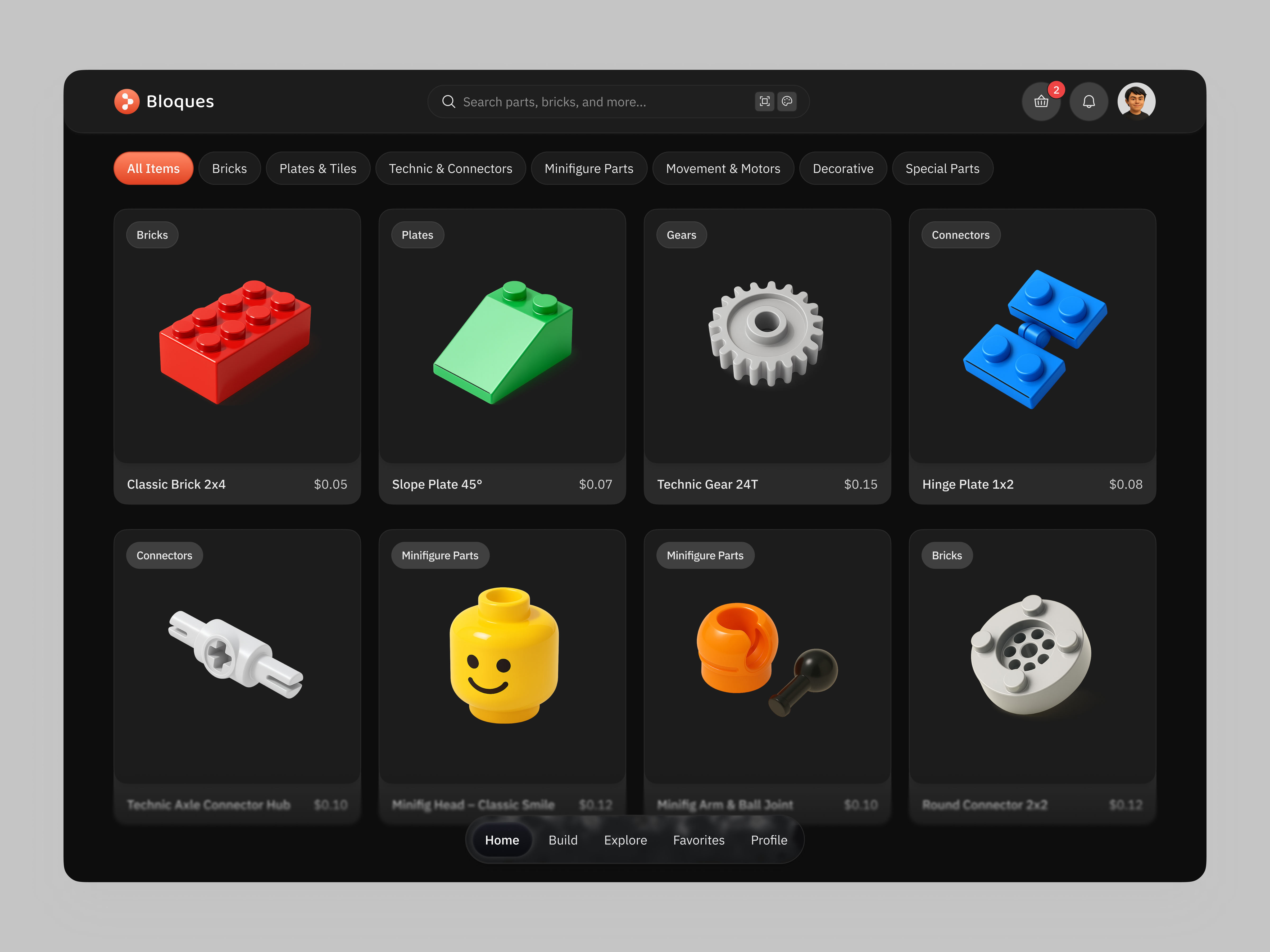 Bloques - Lego Parts Marketplace Hero (Dark Mode) bento black card cards character children clean dark darkmode dashboard figma home page kids lego marketplace orange shop shopping toy toys