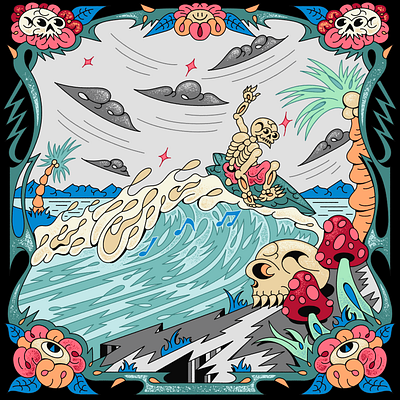 Cover art I did for Disco Lines' "Swim" album beach branding colorful cover death design graphic design illustration merch mushroom music poster psychedelic skeleton skull surf waves