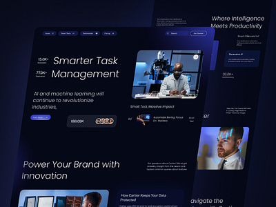 AI Task Manager Technology Landing Page ai animation artificial intelligence assistant business dark dashboard design futuristic landing page manager motion graphics saas ui uidesign ux uxdesign web web design website
