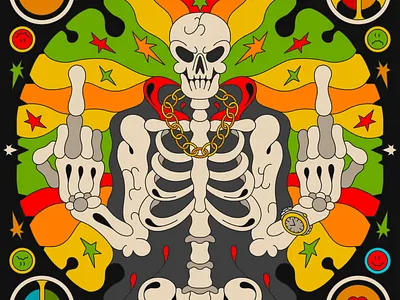 Had fun drawing this one for Disco Lines album colorful cover death design graphic design illustration merch mushroom peace psychedelic single skeleton skull sun surreal