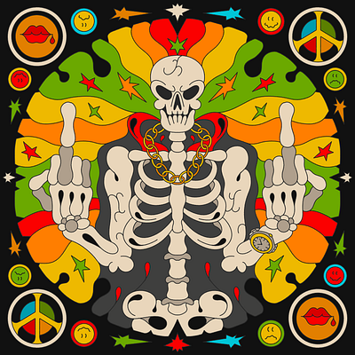 Had fun drawing this one for Disco Lines album colorful cover death design graphic design illustration merch mushroom peace psychedelic single skeleton skull sun surreal