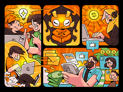 Art of Collaboration Illustration 🔥 bento character client collaboration design designer email finance illustration illustrator meeting office online meeting satisty studio world team work ui website working working mate